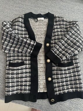 Babaton Black & White Tweed Cardigan with Pearl-Trim Buttons